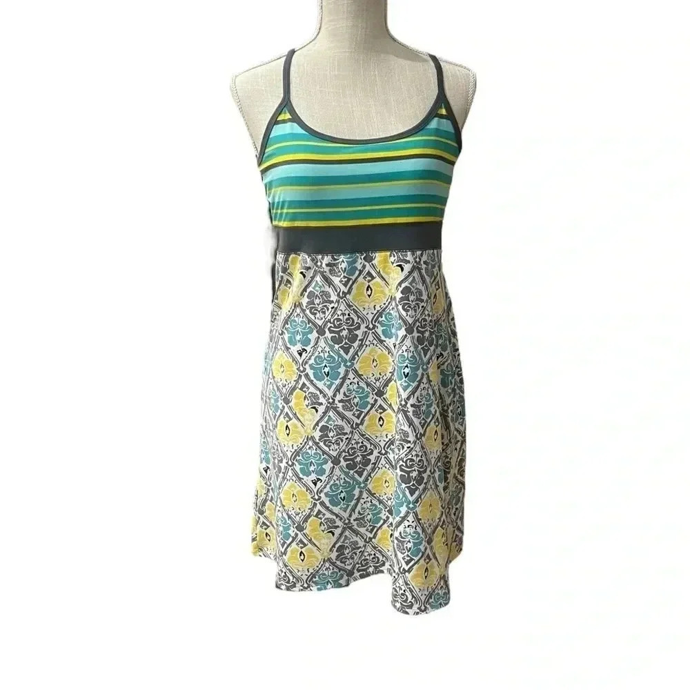 Soybu Yoga Exercise Athletic Dress Yellow Teal Strappy Back Womens size Medium